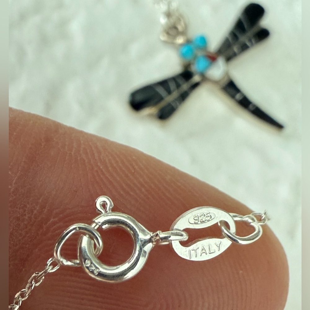 Silver Dragonfly Inlay Pendant Necklace - Picture 5 of 5